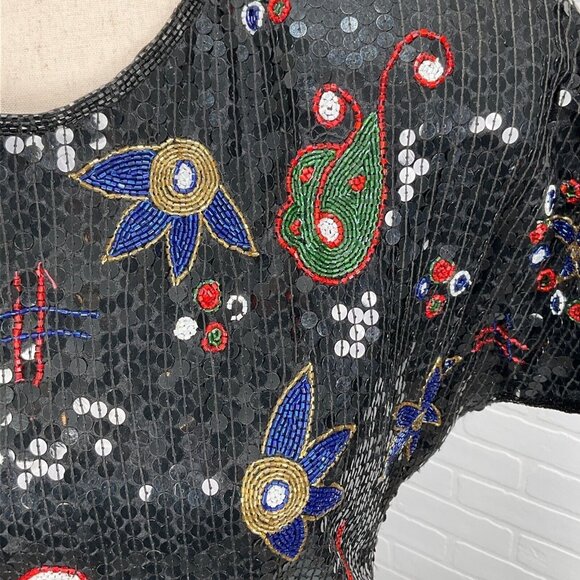 Unbranded Dress Women Medium Black Multi Floral Bow All Sequin Silk Christmas - Picture 2 of 10